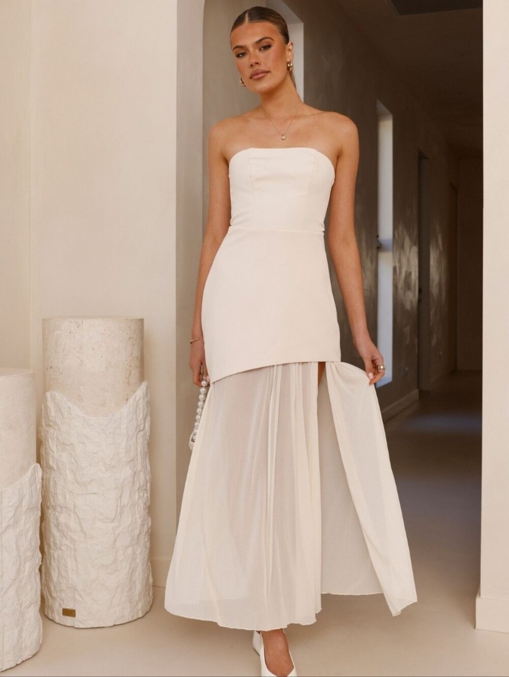 Billy J Boutique Fenella Asymmetrical Strapless Maxi Dress Butter Cream NWT 12